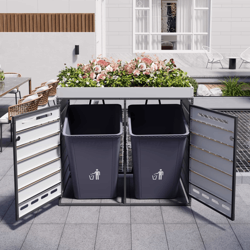 Caixa para contentores do lixo com vaso para plantas - laterais horizontais com efeito de madeira, ventilação perfurada, armário de jardim em ferro com fechadura - preto
