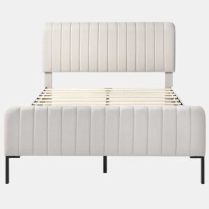 Cama de adulto estofada em tecido de linho - 140x200 cm - com cabeceira regulável e estrado de ripas - Cinzento claro
