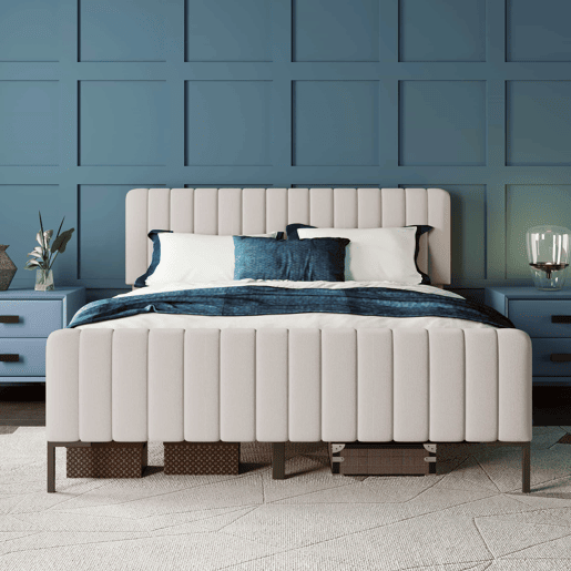 Cama de adulto estofada em tecido de linho - 140x200 cm - com cabeceira regulável e estrado de ripas - Cinzento claro