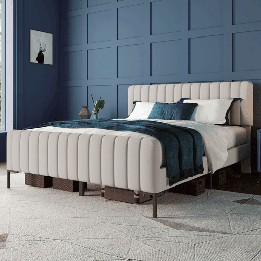 Cama de adulto estofada em tecido de linho - 140x200 cm - com cabeceira regulável e estrado de ripas - Cinzento claro
