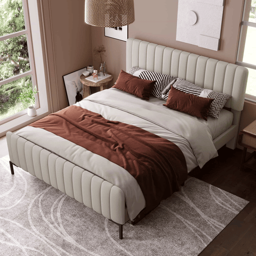 Cama de adulto estofada em tecido de linho - 140x200 cm - com cabeceira regulável e estrado de ripas - Cinzento claro