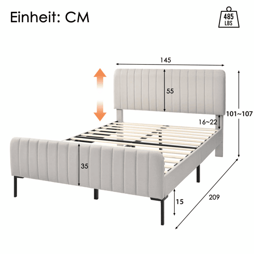 Cama de adulto estofada em tecido de linho - 140x200 cm - com cabeceira regulável e estrado de ripas - Cinzento claro