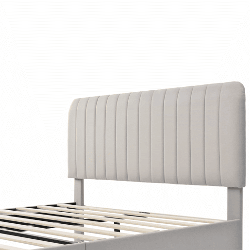 Cama de adulto estofada em tecido de linho - 140x200 cm - com cabeceira regulável e estrado de ripas - Cinzento claro