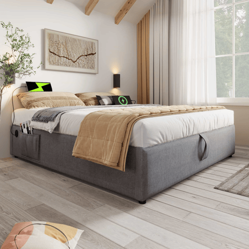 Cama de casal estofada 160x200 cm - cama com arrumação, porta USB-C, base de ripas completa, sem cabeceira, algodão - cinzento