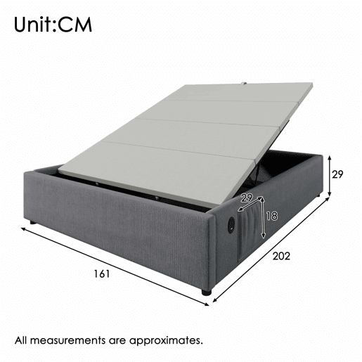 Cama de casal estofada 160x200 cm - cama com arrumação, porta USB-C, base de ripas completa, sem cabeceira, algodão - cinzento