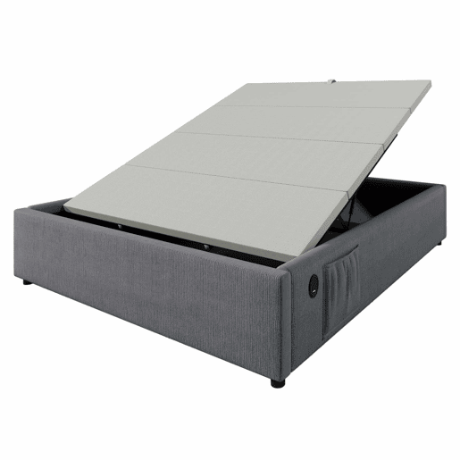 Cama de casal estofada 160x200 cm - cama com arrumação, porta USB-C, base de ripas completa, sem cabeceira, algodão - cinzento