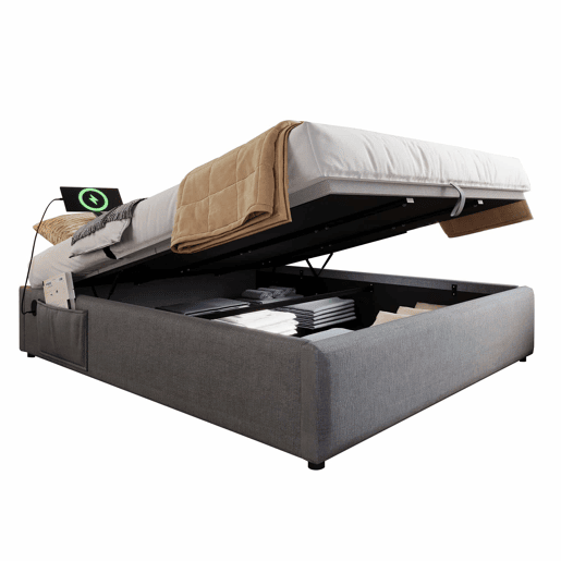 Cama de casal estofada 160x200 cm - cama com arrumação, porta USB-C, base de ripas completa, sem cabeceira, algodão - cinzento