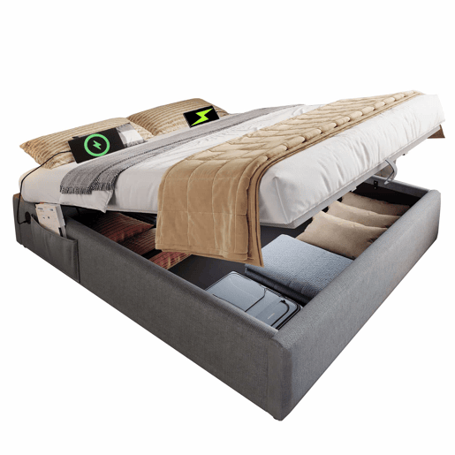 Cama de casal estofada 160x200 cm - cama com arrumação, porta USB-C, base de ripas completa, sem cabeceira, algodão - cinzento