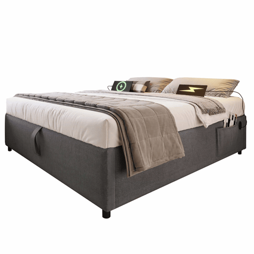 Cama de casal estofada 160x200 cm - cama com arrumação, porta USB-C, base de ripas completa, sem cabeceira, algodão - cinzento