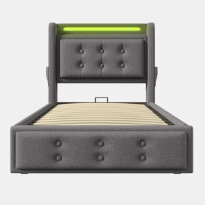 Cama de arrumação em tecido de linho 90x200 cm - com LED e portas de carregamento - Cinzento