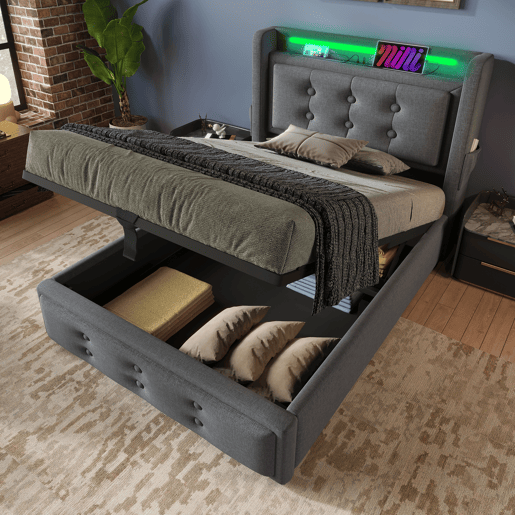 Cama de arrumação em tecido de linho 90x200 cm - com LED e portas de carregamento - Cinzento Cama de arrumação em tecido de linho 90x200 cm - com LED e portas de carregamento - Cinzento