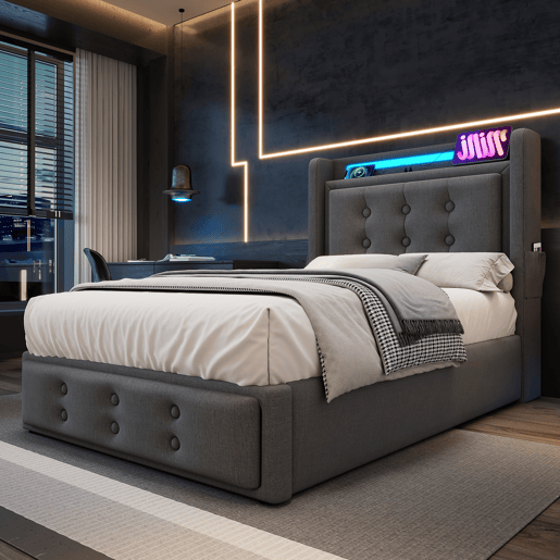 Cama de arrumação em tecido de linho 90x200 cm - com LED e portas de carregamento - Cinzento Cama de arrumação em tecido de linho 90x200 cm - com LED e portas de carregamento - Cinzento
