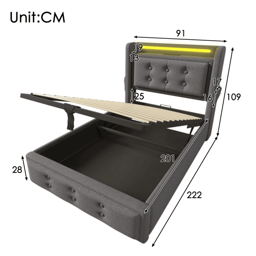 Cama de arrumação em tecido de linho 90x200 cm - com LED e portas de carregamento - Cinzento Cama de arrumação em tecido de linho 90x200 cm - com LED e portas de carregamento - Cinzento