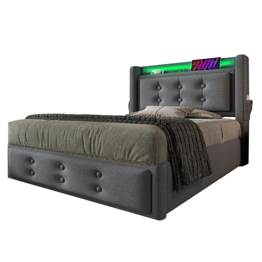Cama de arrumação em tecido de linho 90x200 cm - com LED e portas de carregamento - Cinzento Cama de arrumação em tecido de linho 90x200 cm - com LED e portas de carregamento - Cinzento