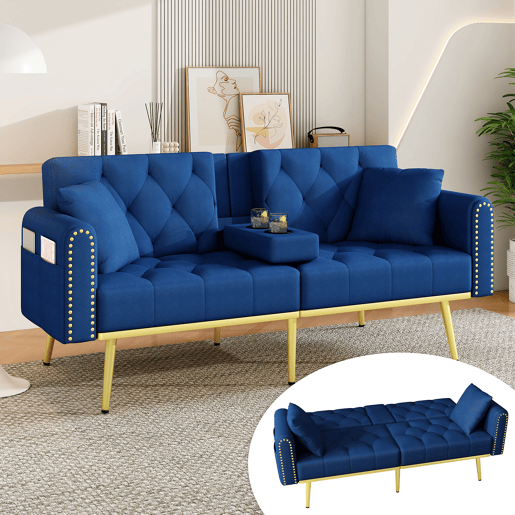 Sofá-cama dobrável 2 lugares fixa de veludo,azul Sofá-cama dobrável 2 lugares fixa de veludo,azul
