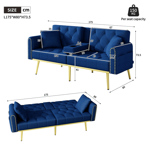 Sofá-cama dobrável 2 lugares fixa de veludo,azul Sofá-cama dobrável 2 lugares fixa de veludo,azul