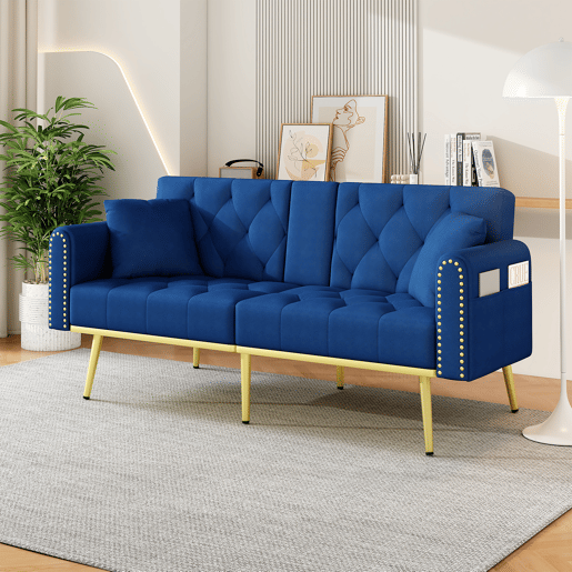 Sofá-cama dobrável 2 lugares fixa de veludo,azul Sofá-cama dobrável 2 lugares fixa de veludo,azul