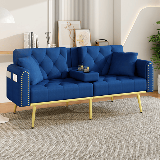 Sofá-cama dobrável 2 lugares fixa de veludo,azul Sofá-cama dobrável 2 lugares fixa de veludo,azul