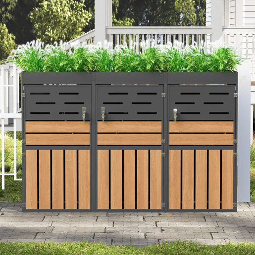 Armário exterior multifuncional - 3 compartimentos - com floreira integrada, ventilação por ripas, estrutura em aço galvanizado - Cinza