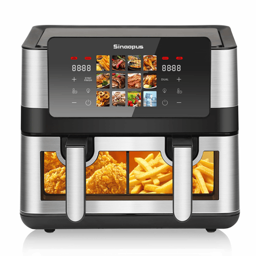 Fritadeira de ar quente de 8,5 L com câmara duplaúnica - 12 programas, com janela de visualização, Fritadeira de ar quente de 2 câmaras, Ecrã tátil, Máx. 2 Fritadeira de ar quente de 8,5 L com câmara duplaúnica - 12 programas, com janela de visualização, Fritadeira de ar quente de 2 câmaras, Ecrã tátil, Máx. 2