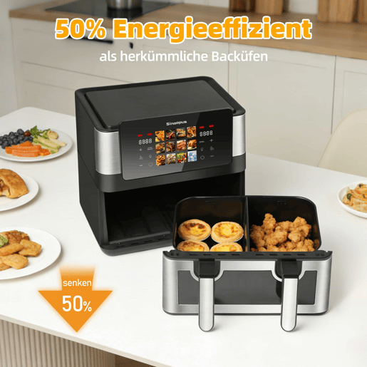 Fritadeira de ar quente de 8,5 L com câmara duplaúnica - 12 programas, com janela de visualização, Fritadeira de ar quente de 2 câmaras, Ecrã tátil, Máx. 2 Fritadeira de ar quente de 8,5 L com câmara duplaúnica - 12 programas, com janela de visualização, Fritadeira de ar quente de 2 câmaras, Ecrã tátil, Máx. 2