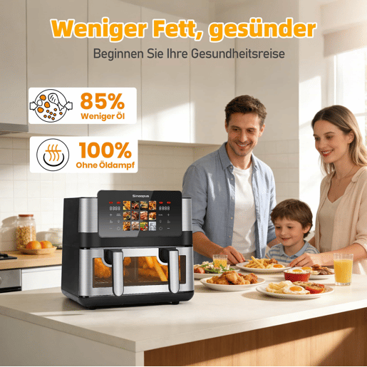 Fritadeira de ar quente de 8,5 L com câmara duplaúnica - 12 programas, com janela de visualização, Fritadeira de ar quente de 2 câmaras, Ecrã tátil, Máx. 2 Fritadeira de ar quente de 8,5 L com câmara duplaúnica - 12 programas, com janela de visualização, Fritadeira de ar quente de 2 câmaras, Ecrã tátil, Máx. 2