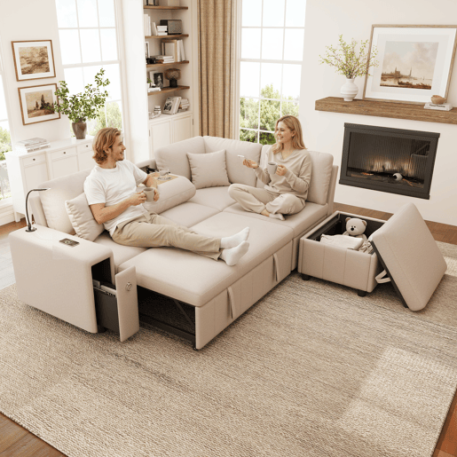 Sofá-cama 5 lugares conversível de linho,bege Sofá-cama 5 lugares conversível de linho,bege