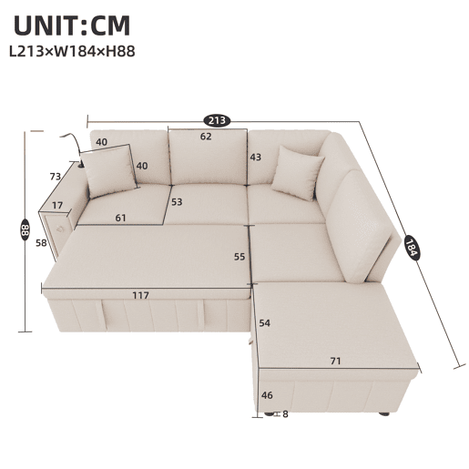 Sofá-cama 5 lugares conversível de linho,bege Sofá-cama 5 lugares conversível de linho,bege