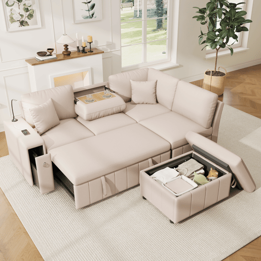 Sofá-cama 5 lugares conversível de linho,bege Sofá-cama 5 lugares conversível de linho,bege