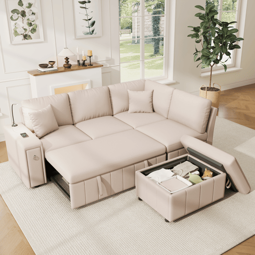 Sofá-cama 5 lugares conversível de linho,bege Sofá-cama 5 lugares conversível de linho,bege
