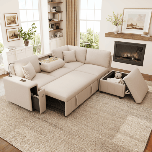 Sofá-cama 5 lugares conversível de linho,bege Sofá-cama 5 lugares conversível de linho,bege