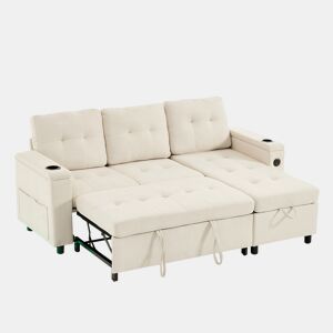 Sofá-cama 3 lugares conversível de tecido com armazenamento e luz led,bege