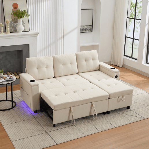 Sofá-cama 3 lugares conversível de tecido com armazenamento e luz led,bege Sofá-cama 3 lugares conversível de tecido com armazenamento e luz led,bege