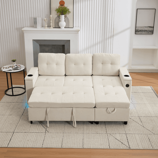 Sofá-cama 3 lugares conversível de tecido com armazenamento e luz led,bege Sofá-cama 3 lugares conversível de tecido com armazenamento e luz led,bege