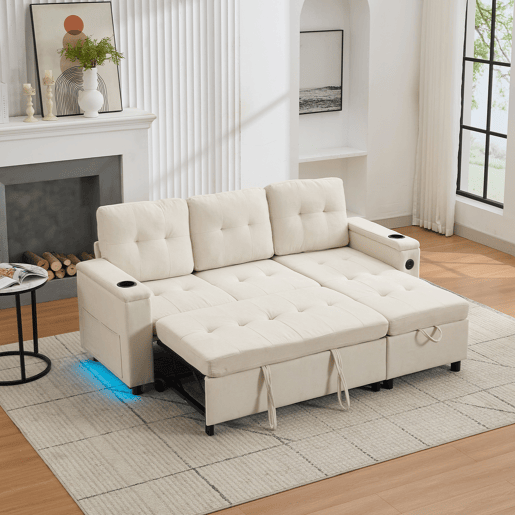 Sofá-cama 3 lugares conversível de tecido com armazenamento e luz led,bege Sofá-cama 3 lugares conversível de tecido com armazenamento e luz led,bege