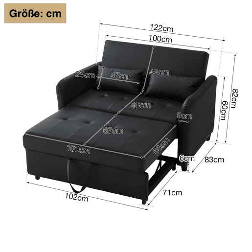 Sofá-cama 2 lugares conversível de pu,preto Sofá-cama 2 lugares conversível de pu,preto