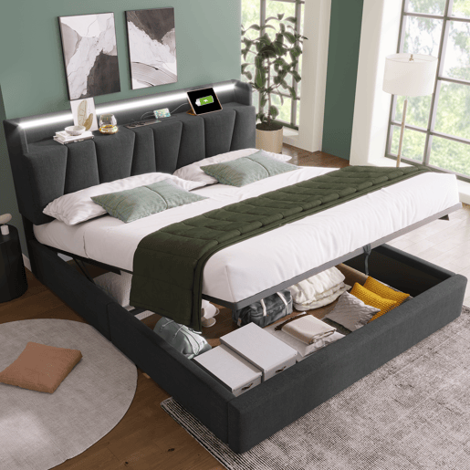 Cama contentor 140x200cm - com LED e portas de carga - tecido de linho - Cinzento