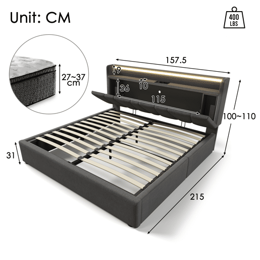 Cama contentor 140x200cm - com LED e portas de carga - tecido de linho - Cinzento