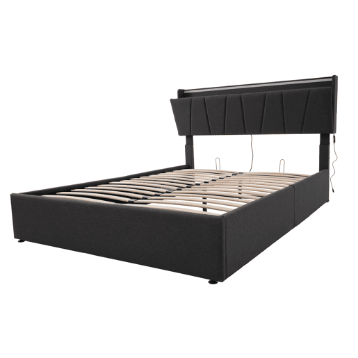 Cama contentor 140x200cm - com LED e portas de carga - tecido de linho - Cinzento