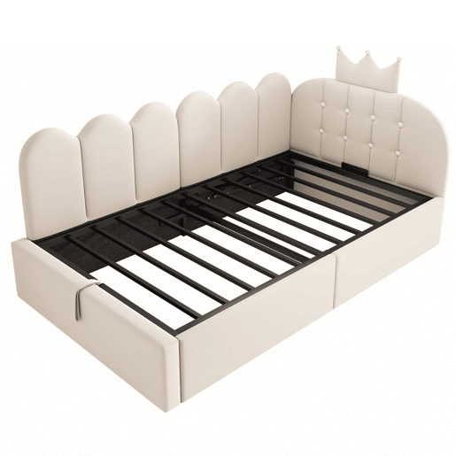 Cama estofada tipo divã 90x200 cm - sofá-cama com arrumação hidráulica, design em L em veludo com estrutura em treliça, sem colchão - bege Cama estofada tipo divã 90x200 cm - sofá-cama com arrumação hidráulica, design em L em veludo com estrutura em treliça, sem colchão - bege