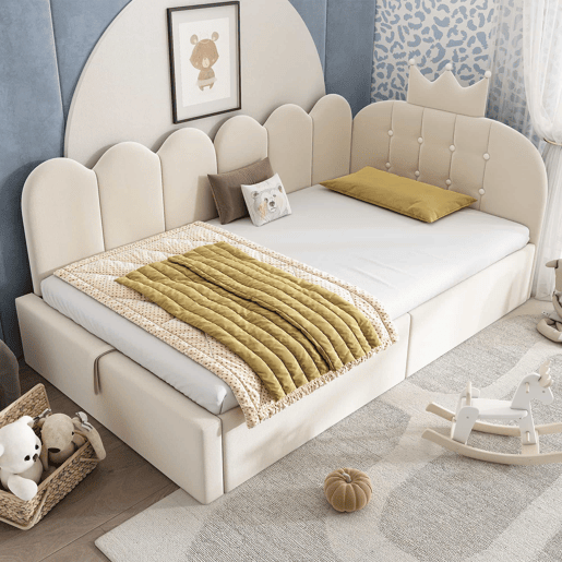 Cama estofada tipo divã 90x200 cm - sofá-cama com arrumação hidráulica, design em L em veludo com estrutura em treliça, sem colchão - bege Cama estofada tipo divã 90x200 cm - sofá-cama com arrumação hidráulica, design em L em veludo com estrutura em treliça, sem colchão - bege