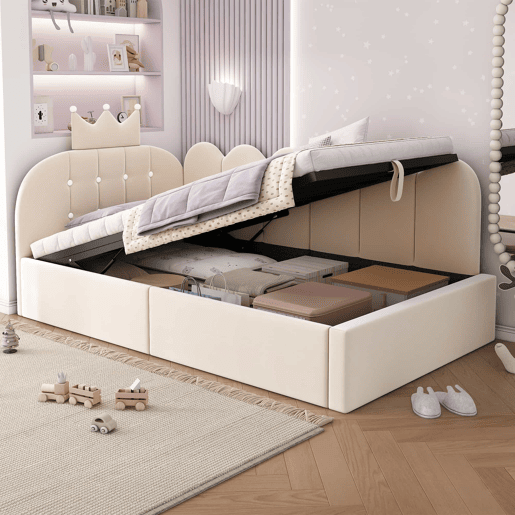 Cama estofada tipo divã 90x200 cm - sofá-cama com arrumação hidráulica, design em L em veludo com estrutura em treliça, sem colchão - bege Cama estofada tipo divã 90x200 cm - sofá-cama com arrumação hidráulica, design em L em veludo com estrutura em treliça, sem colchão - bege