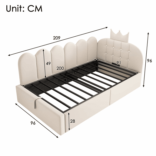 Cama estofada tipo divã 90x200 cm - sofá-cama com arrumação hidráulica, design em L em veludo com estrutura em treliça, sem colchão - bege Cama estofada tipo divã 90x200 cm - sofá-cama com arrumação hidráulica, design em L em veludo com estrutura em treliça, sem colchão - bege