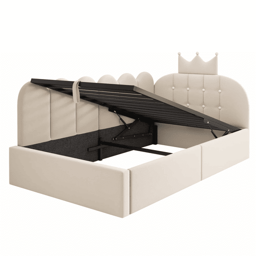 Cama estofada tipo divã 90x200 cm - sofá-cama com arrumação hidráulica, design em L em veludo com estrutura em treliça, sem colchão - bege Cama estofada tipo divã 90x200 cm - sofá-cama com arrumação hidráulica, design em L em veludo com estrutura em treliça, sem colchão - bege