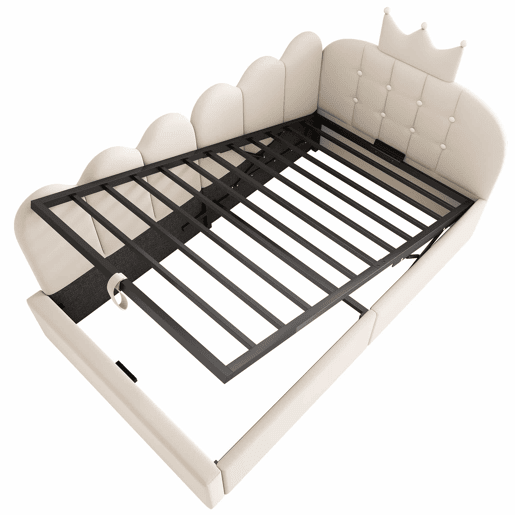 Cama estofada tipo divã 90x200 cm - sofá-cama com arrumação hidráulica, design em L em veludo com estrutura em treliça, sem colchão - bege Cama estofada tipo divã 90x200 cm - sofá-cama com arrumação hidráulica, design em L em veludo com estrutura em treliça, sem colchão - bege