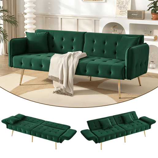 Sofá-cama dobrável 2 lugares fixa de veludo,verde