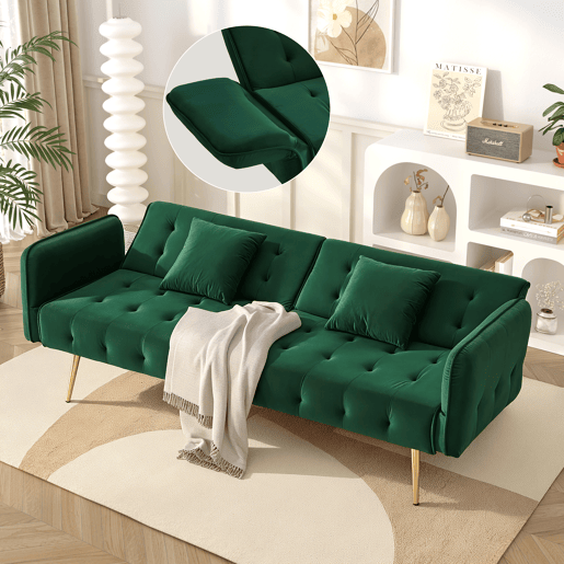 Sofá-cama dobrável 2 lugares fixa de veludo,verde