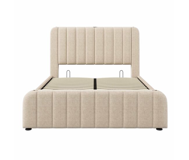 Cama tapizada 160x200 cm - cabecero acolchado con detalles dorados y función de carga usb tipo-c, almacenamiento hidráulico - beige