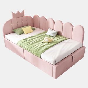 Cama estofada com sofá-cama embutido 90x190 cm - sofá-cama com arrumação hidráulica, design em forma de coroa e grelha em L em veludo, sem colchão - rosa