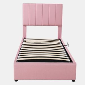 Cama estofada em linho com arrumação - 90x200cm - Rosa